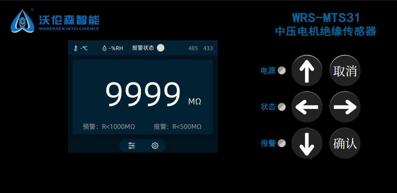 WRS-MTS31面板直读：实时绝缘阻值、预警与报警阈值、温湿度、485/433通信状态