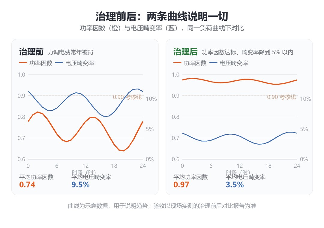 无功补偿治理前后对比示意：功率因数由 0.74 提升至 0.97，电压畸变率由 9.5% 降至 3.5%